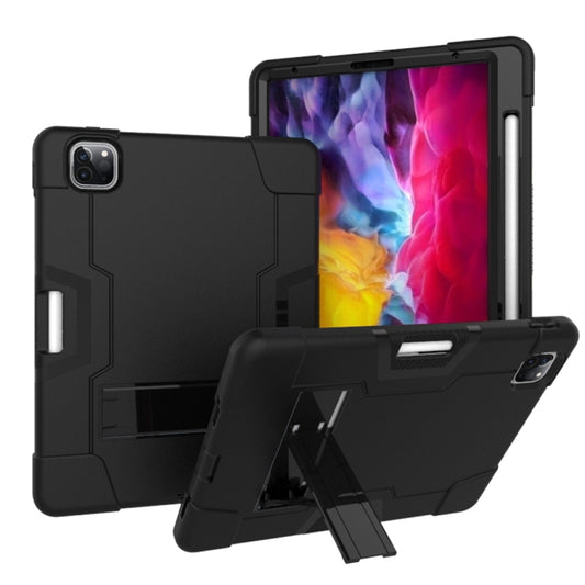 For iPad Pro 12.9 2021 / 2020 / 2019 Contrast Color Silicone + PC Protective Tablet Case with Holder(Black) - iPad Pro 12.9 (2020) Cases by buy2fix | Online Shopping UK | buy2fix