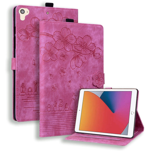For iPad Pro 9.7 / 9.7 2018 / 2017 Cartoon Sakura Cat Embossed Smart Leather Tablet Case(Rose Red) - iPad Pro 9.7 inch Cases by buy2fix | Online Shopping UK | buy2fix