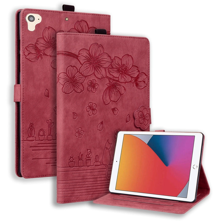 For iPad Pro 9.7 / 9.7 2018 / 2017 Cartoon Sakura Cat Embossed Smart Leather Tablet Case(Red) - iPad Pro 9.7 inch Cases by buy2fix | Online Shopping UK | buy2fix