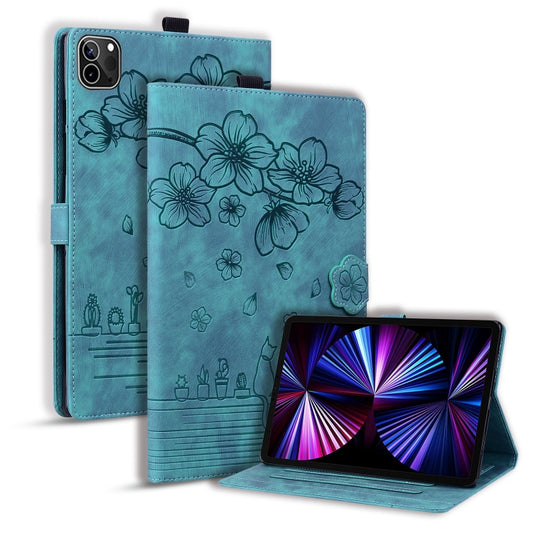 For iPad Pro 12.9 2022 / 2021 Cartoon Sakura Cat Embossed Smart Leather Tablet Case(Green) - iPad Pro 12.9 (2022/2021) Cases by buy2fix | Online Shopping UK | buy2fix