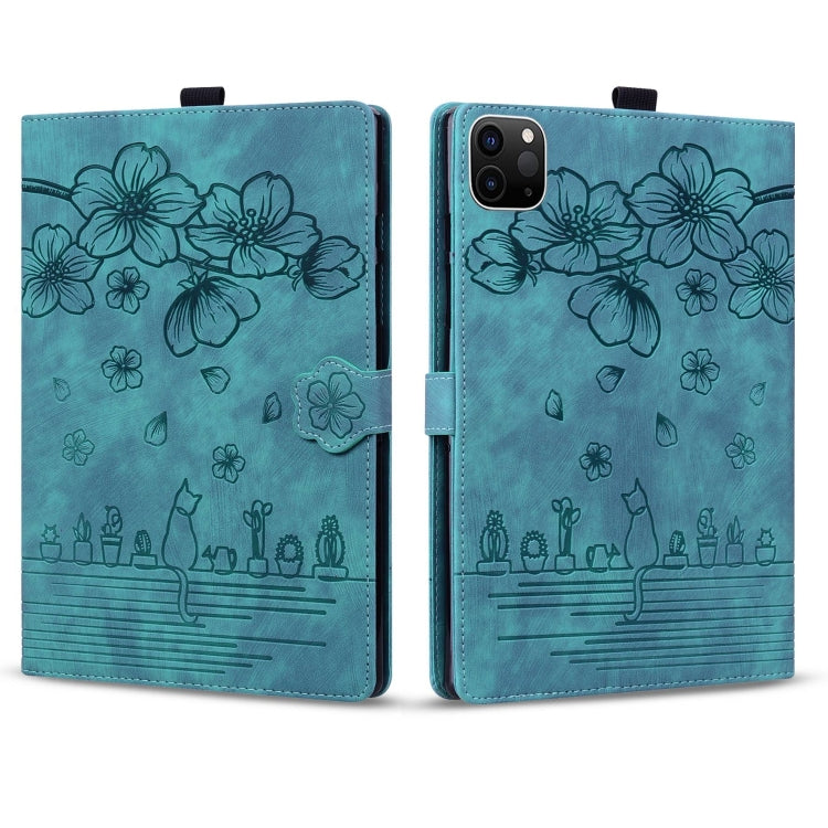 For iPad Pro 12.9 2022 / 2021 Cartoon Sakura Cat Embossed Smart Leather Tablet Case(Green) - iPad Pro 12.9 (2022/2021) Cases by buy2fix | Online Shopping UK | buy2fix