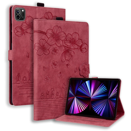For iPad Pro 12.9 2022 / 2021 Cartoon Sakura Cat Embossed Smart Leather Tablet Case(Red) - iPad Pro 12.9 (2022/2021) Cases by buy2fix | Online Shopping UK | buy2fix