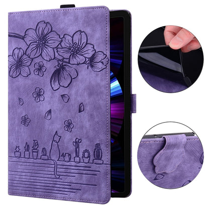 For iPad Pro 12.9 2022 / 2021 Cartoon Sakura Cat Embossed Smart Leather Tablet Case(Purple) - iPad Pro 12.9 (2022/2021) Cases by buy2fix | Online Shopping UK | buy2fix