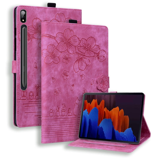 For Galaxy Tab S9+ /S8+ /S7+ Cartoon Sakura Cat Embossed Smart Leather Tablet Case(Rose Red)