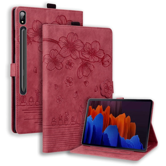 For Galaxy Tab S9+ /S8+ /S7+ Cartoon Sakura Cat Embossed Smart Leather Tablet Case(Red)