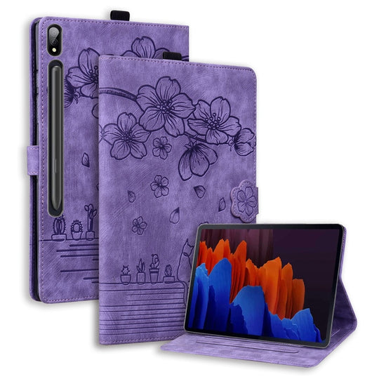 For Galaxy Tab S9+ /S8+ /S7+ Cartoon Sakura Cat Embossed Smart Leather Tablet Case(Purple)