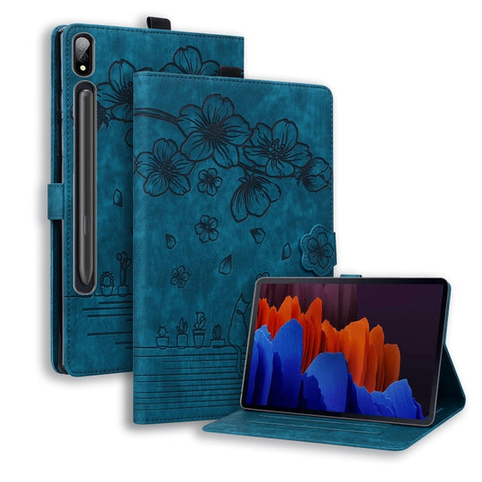 For Galaxy Tab S9+ /S8+ /S7+ Cartoon Sakura Cat Embossed Smart Leather Tablet Case(Blue)