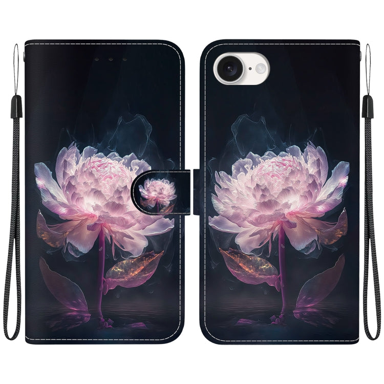 For iPhone 16e Crystal Texture Colored Drawing Leather Phone Case(Purple Peony) by buy2fix