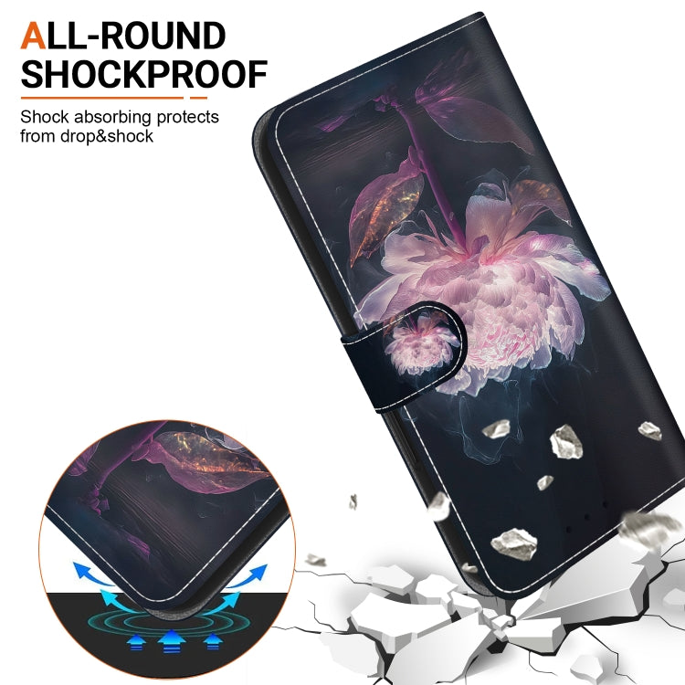 For iPhone 16e Crystal Texture Colored Drawing Leather Phone Case(Purple Peony) by buy2fix