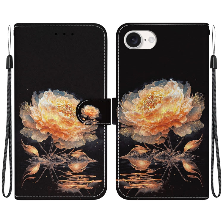 For iPhone 16e Crystal Texture Colored Drawing Leather Phone Case(Gold Peony) by buy2fix