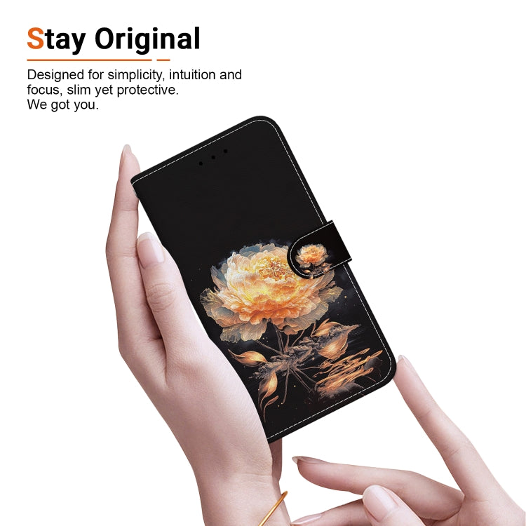 For iPhone 16e Crystal Texture Colored Drawing Leather Phone Case(Gold Peony) by buy2fix