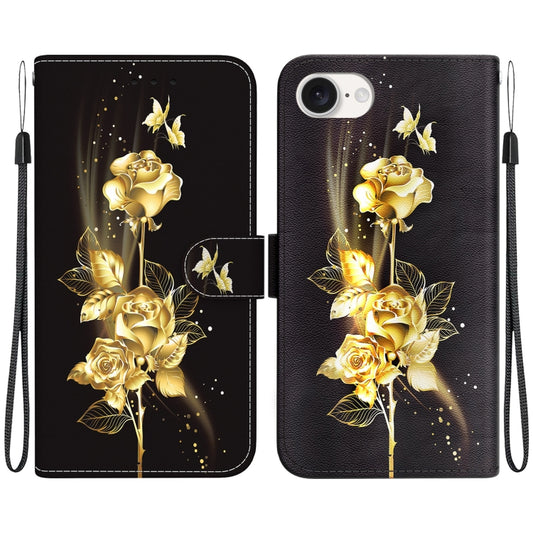 For iPhone 16e Crystal Texture Colored Drawing Leather Phone Case(Gold Butterfly Rose) by buy2fix