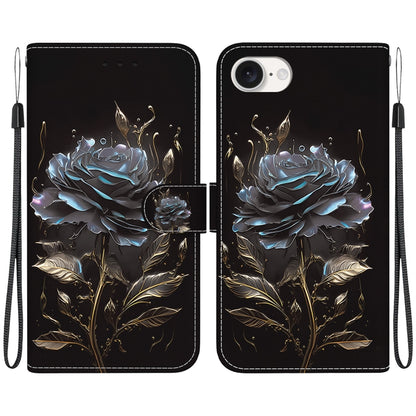 For iPhone 16e Crystal Texture Colored Drawing Leather Phone Case(Black Rose) by buy2fix