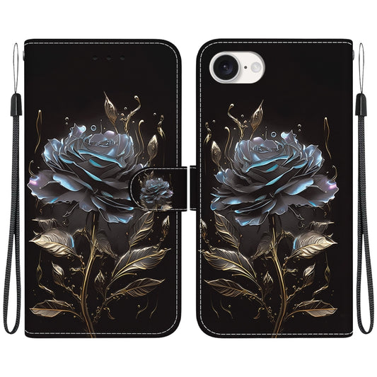 For iPhone 16e Crystal Texture Colored Drawing Leather Phone Case(Black Rose) by buy2fix