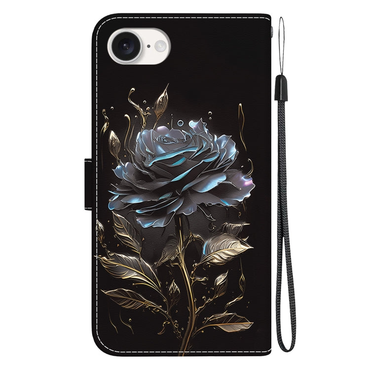 For iPhone 16e Crystal Texture Colored Drawing Leather Phone Case(Black Rose) by buy2fix