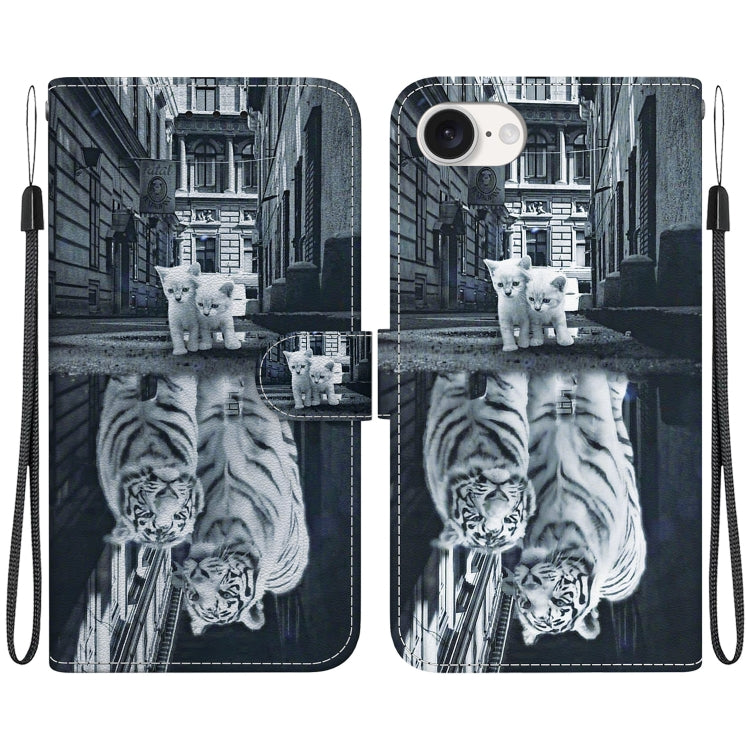 For iPhone 16e Crystal Texture Colored Drawing Leather Phone Case(Cat Tiger Reflection) by buy2fix