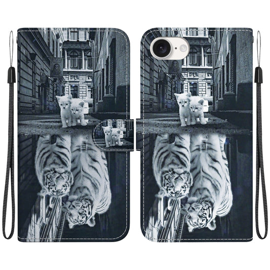 For iPhone 16e Crystal Texture Colored Drawing Leather Phone Case(Cat Tiger Reflection) by buy2fix