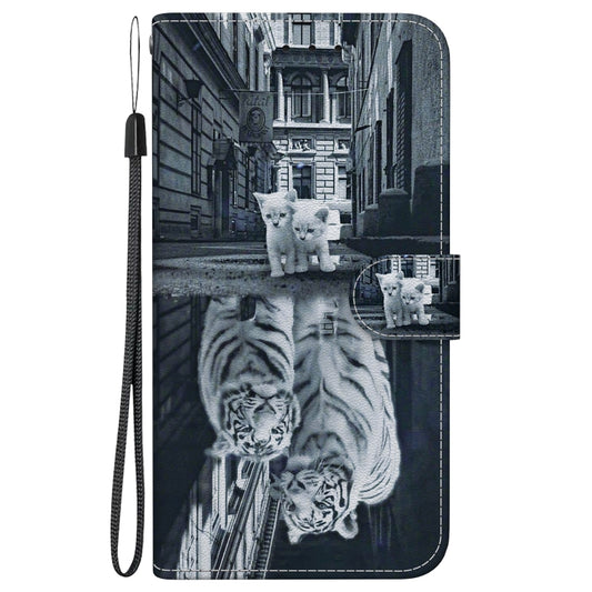 For iPhone 16e Crystal Texture Colored Drawing Leather Phone Case(Cat Tiger Reflection) by buy2fix