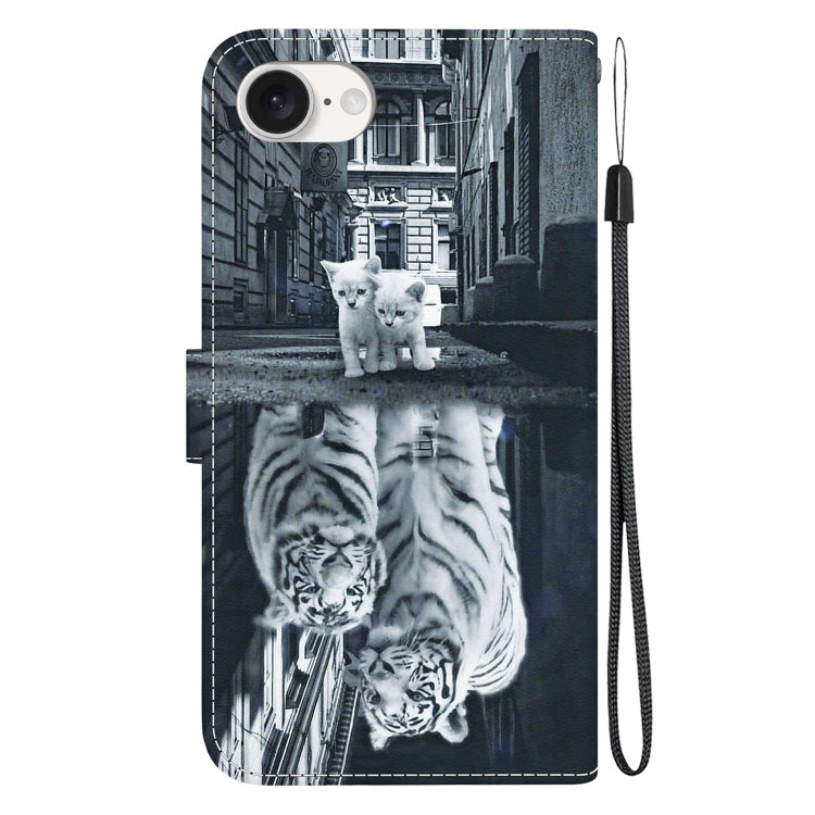 For iPhone 16e Crystal Texture Colored Drawing Leather Phone Case(Cat Tiger Reflection) by buy2fix