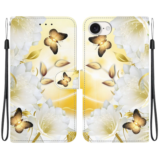 For iPhone 16e Crystal Texture Colored Drawing Leather Phone Case(Gold Butterfly Epiphyllum) by buy2fix