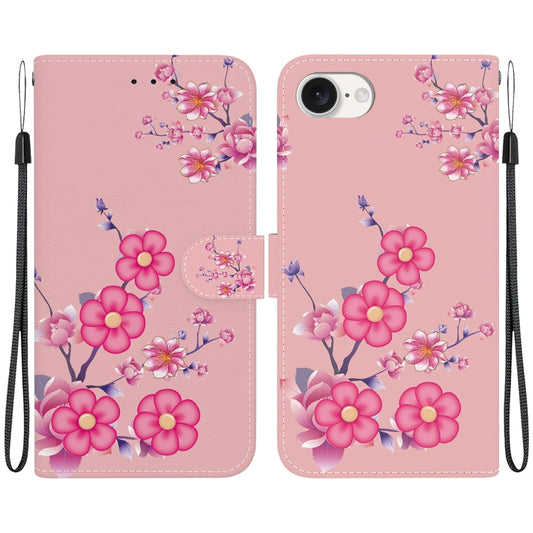 For iPhone 16e Crystal Texture Colored Drawing Leather Phone Case(Cherry Blossoms) by buy2fix