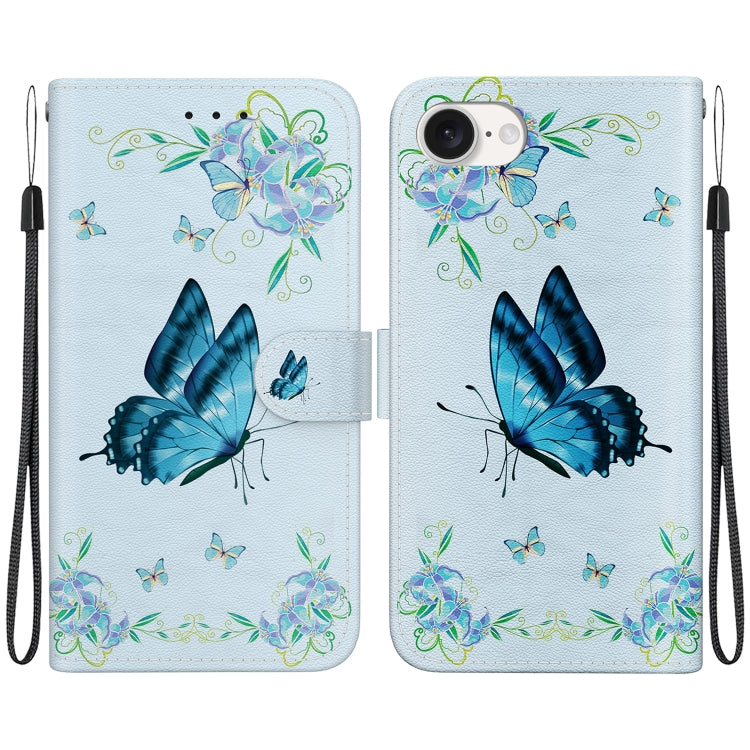 For iPhone 16e Crystal Texture Colored Drawing Leather Phone Case(Blue Pansies) by buy2fix