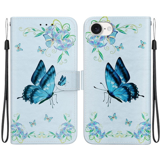 For iPhone 16e Crystal Texture Colored Drawing Leather Phone Case(Blue Pansies) by buy2fix