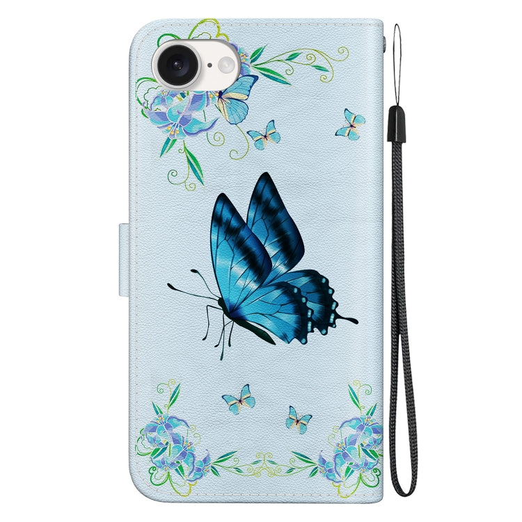 For iPhone 16e Crystal Texture Colored Drawing Leather Phone Case(Blue Pansies) by buy2fix