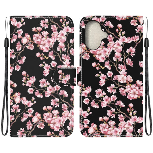 For iPhone 16 Crystal Texture Colored Drawing Leather Phone Case(Plum Bossom)