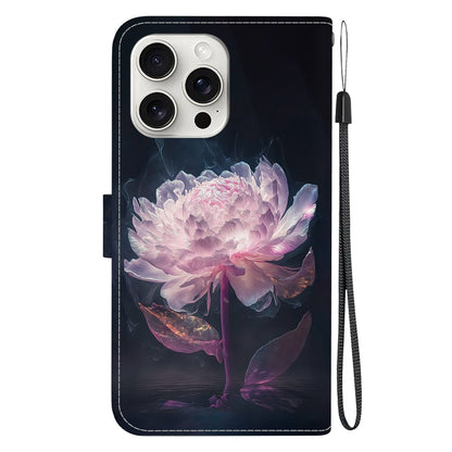 For iPhone 16 Pro Max Crystal Texture Colored Drawing Leather Phone Case(Purple Peony) by buy2fix