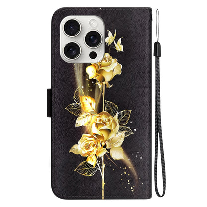 For iPhone 16 Pro Max Crystal Texture Colored Drawing Leather Phone Case(Gold Butterfly Rose) by buy2fix