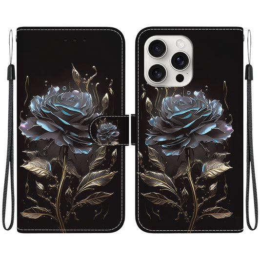 For iPhone 16 Pro Max Crystal Texture Colored Drawing Leather Phone Case(Black Rose) by buy2fix