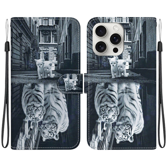 For iPhone 16 Pro Max Crystal Texture Colored Drawing Leather Phone Case(Cat Tiger Reflection) by buy2fix