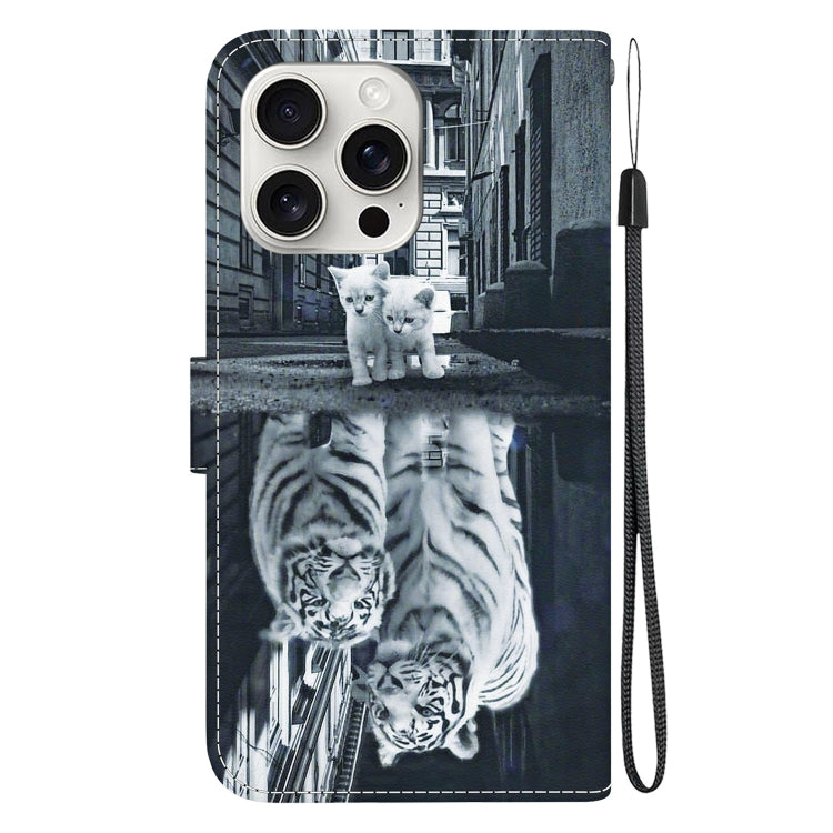 For iPhone 16 Pro Max Crystal Texture Colored Drawing Leather Phone Case(Cat Tiger Reflection) by buy2fix
