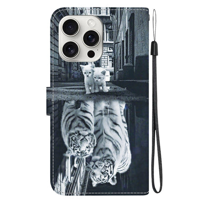 For iPhone 16 Pro Max Crystal Texture Colored Drawing Leather Phone Case(Cat Tiger Reflection) by buy2fix
