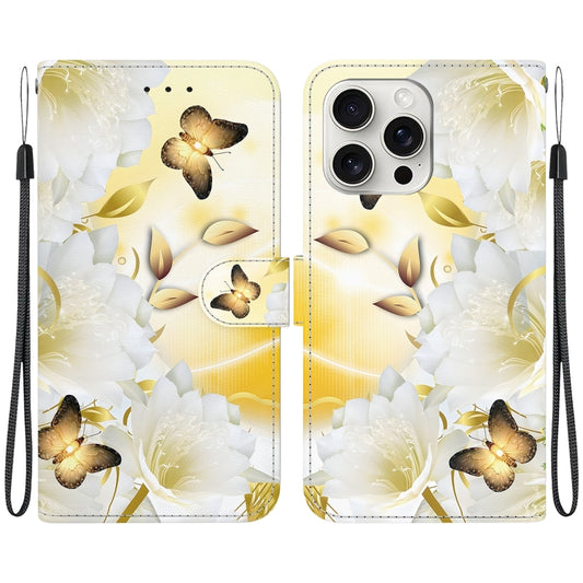For iPhone 16 Pro Max Crystal Texture Colored Drawing Leather Phone Case(Gold Butterfly Epiphyllum) by buy2fix