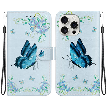 For iPhone 16 Pro Max Crystal Texture Colored Drawing Leather Phone Case(Blue Pansies) by buy2fix