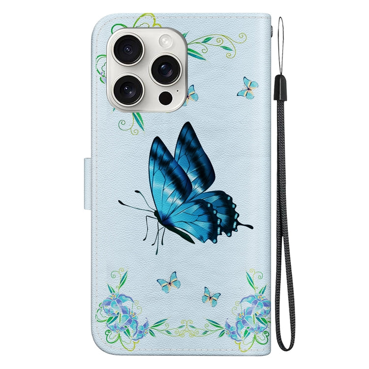For iPhone 16 Pro Max Crystal Texture Colored Drawing Leather Phone Case(Blue Pansies) by buy2fix