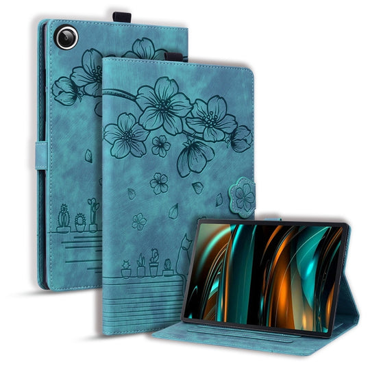 For Galaxy Tab A11+ / A9+ Cartoon Sakura Cat Embossed Leather Tablet Case(Green)