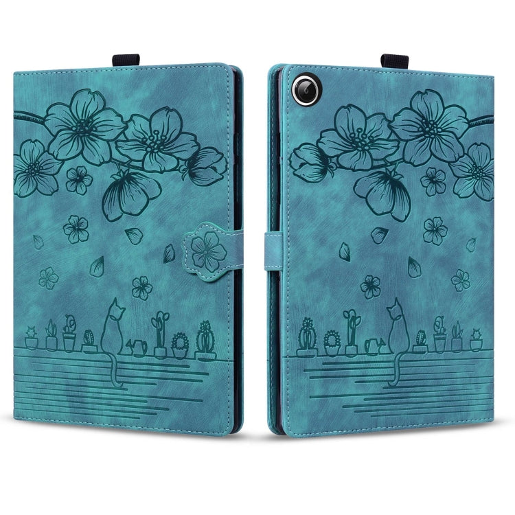 For Samsung Galaxy Tab A11+ / A9+ Cartoon Sakura Cat Embossed Leather Tablet Case(Green) by buy2fix