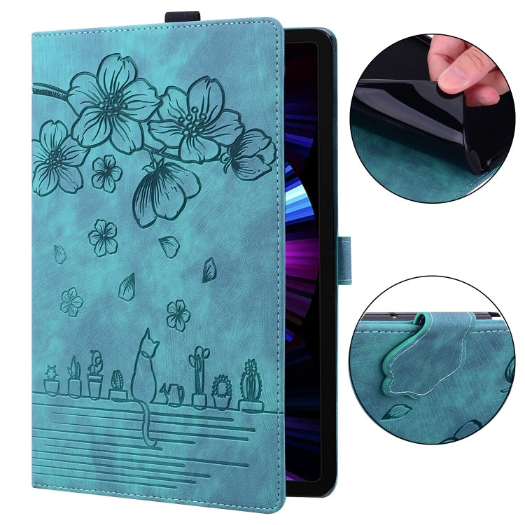 For Samsung Galaxy Tab A11+ / A9+ Cartoon Sakura Cat Embossed Leather Tablet Case(Green) by buy2fix