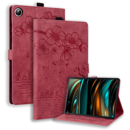 For Galaxy Tab A11+ / A9+ Cartoon Sakura Cat Embossed Leather Tablet Case(Red)