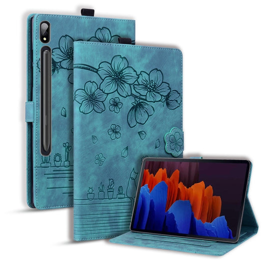 For Samsung Galaxy Tab S10 Ultra /S11 Ultra Cartoon Sakura Cat Embossed Leather Tablet Case(Green) - Galaxy Tab S9 Ultra Cases by buy2fix | Online Shopping UK | buy2fix