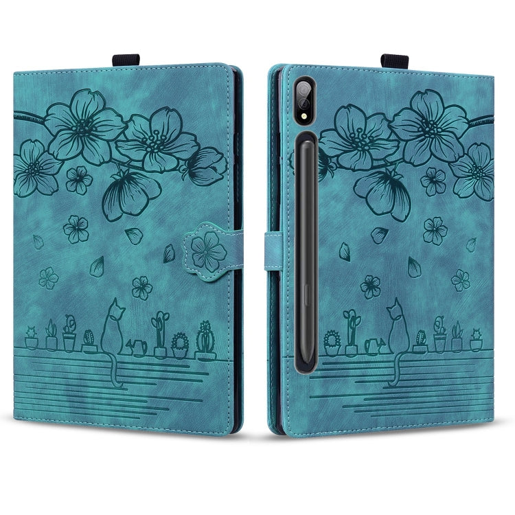 For Samsung Galaxy Tab S10 Ultra /S11 Ultra Cartoon Sakura Cat Embossed Leather Tablet Case(Green) - Galaxy Tab S9 Ultra Cases by buy2fix | Online Shopping UK | buy2fix