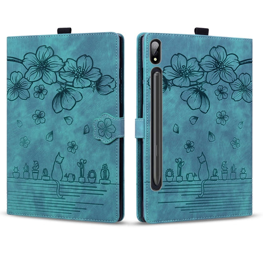 For Samsung Galaxy Tab S10 Ultra /S11 Ultra Cartoon Sakura Cat Embossed Leather Tablet Case(Green) - Galaxy Tab S9 Ultra Cases by buy2fix | Online Shopping UK | buy2fix