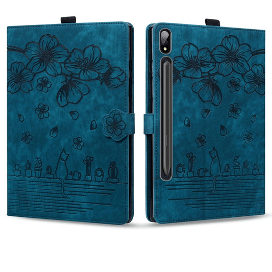 For Samsung Galaxy Tab S9 Ultra /S8 Ultra Cartoon Sakura Cat Embossed Leather Tablet Case(Blue) - Galaxy Tab S9 Ultra Cases by buy2fix | Online Shopping UK | buy2fix