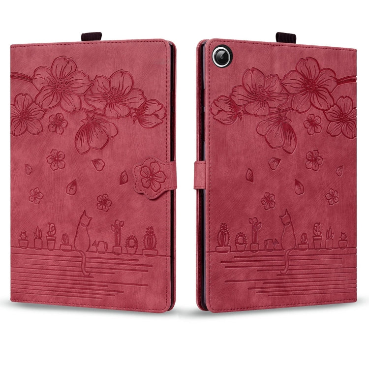 For Samsung Galaxy Tab A11 / A9 Cartoon Sakura Cat Embossed Leather Tablet Case(Red) by buy2fix