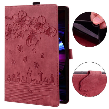 For Samsung Galaxy Tab A11 / A9 Cartoon Sakura Cat Embossed Leather Tablet Case(Red) by buy2fix