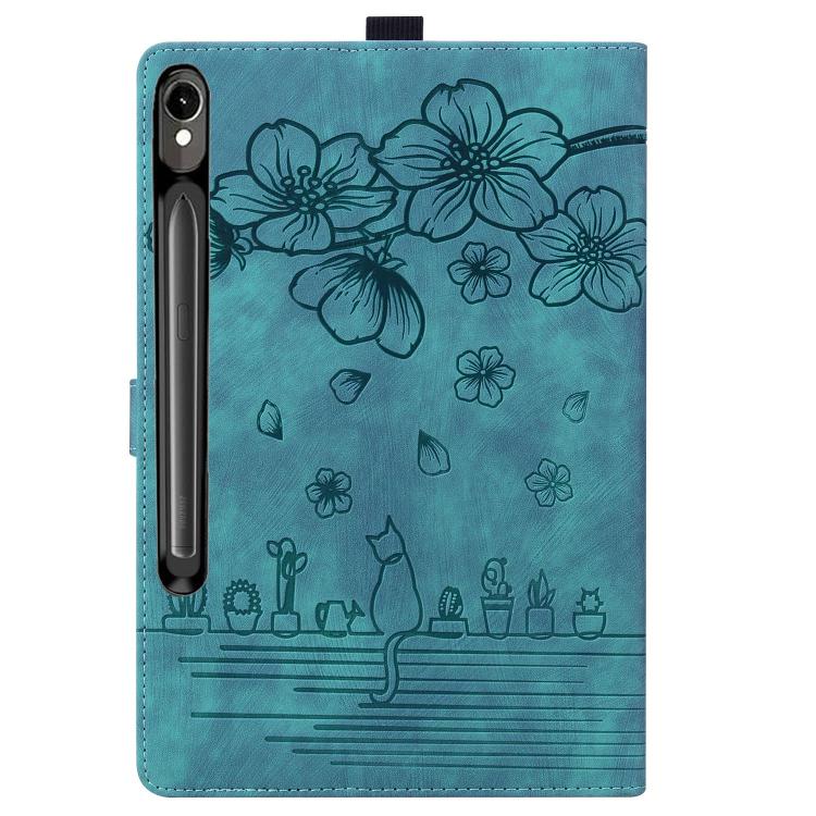For Samsung Galaxy Tab S10 FE+ Cartoon Sakura Cat Embossed Leather Tablet Case(Green) - Galaxy Tab S10 FE+ by buy2fix | Online Shopping UK | buy2fix