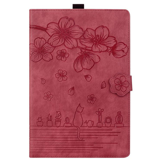 For Samsung Galaxy Tab S10 FE+ Cartoon Sakura Cat Embossed Leather Tablet Case(Red) - Galaxy Tab S10 FE+ by buy2fix | Online Shopping UK | buy2fix